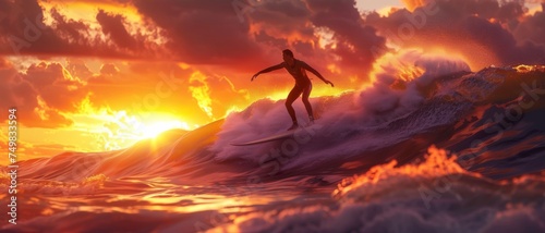 Surfer riding a wave at sunset, vibrant, dynamic, ocean spray, adventure, golden hour, extreme sport