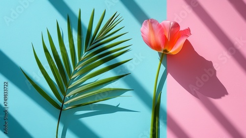 a pink flower and a green palm leaf on a blue and pink background with a shadow of a palm leaf on a pink and blue background. photo