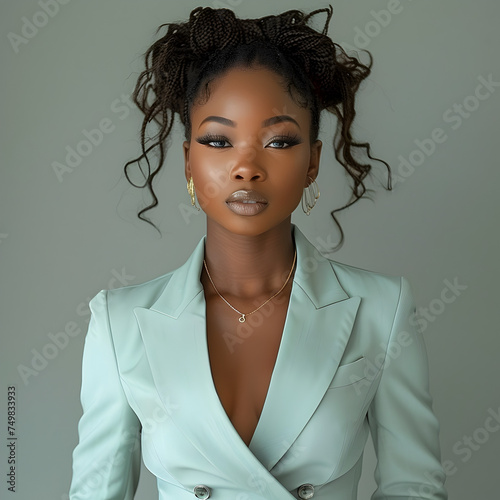 Stylish Woman of Color in Blue Suit with Braids photo
