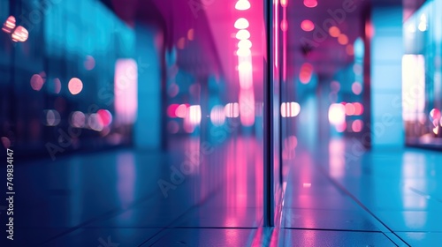 blurry urban buildings in pink and blue hues in the backdrop.