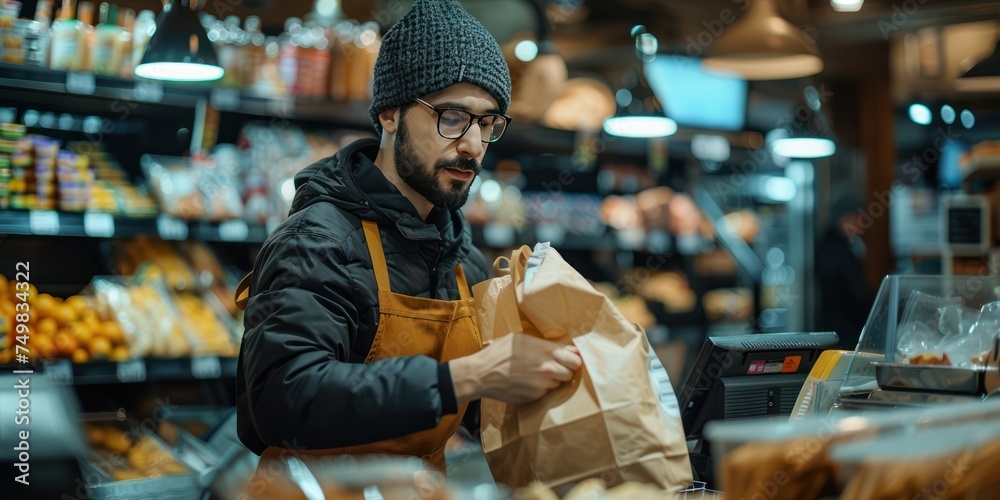 Grocery store cashier packing food into a reusable bag Grocery store cashier packing food into a reusable bag