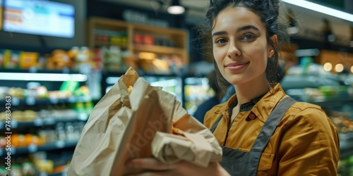 Grocery store cashier packing food into a reusable bag