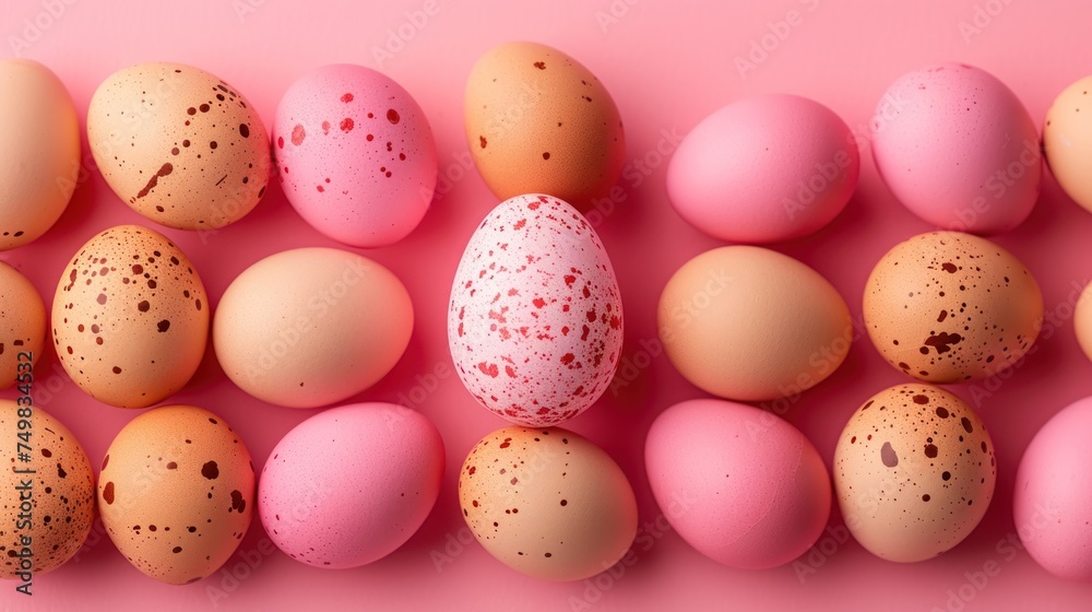 a group of eggs with speckled brown and pink eggs in the middle of a row on a pink background.