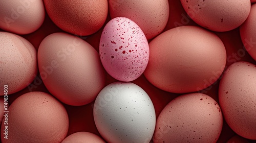 a group of eggs with speckles and a pink egg in the middle of a group of eggs with speckles and a pink egg in the middle.