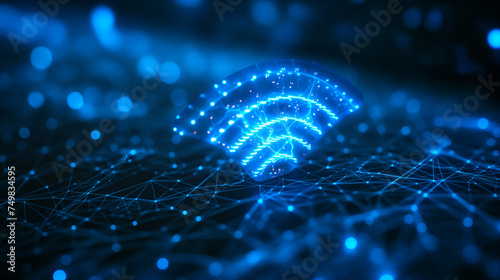 ommunication technology in futuristic concept, WIFI sign icon, wireless and high speed internet with abstract blue background. photo