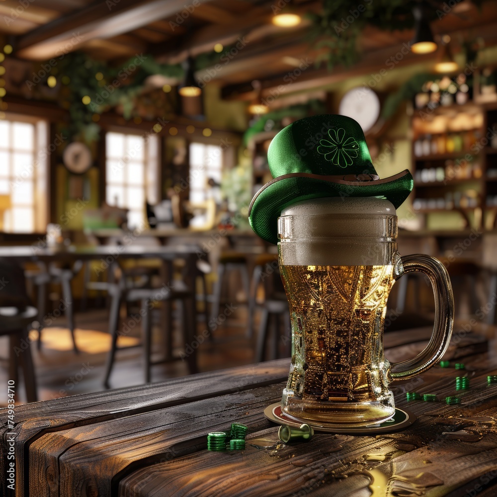 Beer in an Irish bar, green beer, clover leaves for St. Patrick's Day.