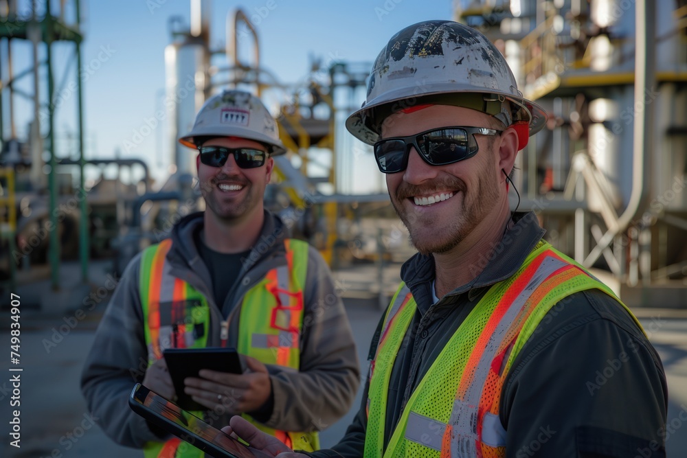 Portrait of Engineers men in Reflective vests, safety helmets, and safety glasses, using tablets, in checking monitor CO2 tank of Carbon capture and storage facilities, smiling, looking at camera Portrait of Engineers men in Reflective vests, safety helmets, and safety glasses, using tablets, in checking monitor CO2 tank of Carbon capture and storage facilities, smiling, looking at camera