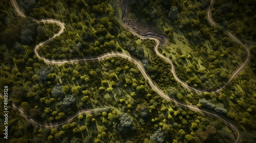 Curvy road with no traffic in dense green forest, top down aerial view from a drone