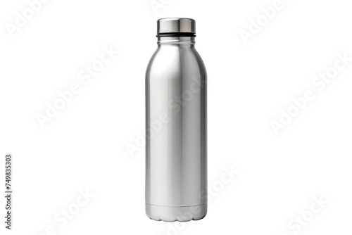 Stainless Steel Water Bottle. A stainless steel water bottle is placed on a clean white background. The bottle is cylindrical with a screw on cap and is perfect for carrying