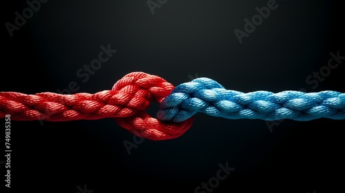 Agreement and cooperation as a bipartisan or bipartisanship trust concept and connected symbol as two different ropes combining and tied together photo