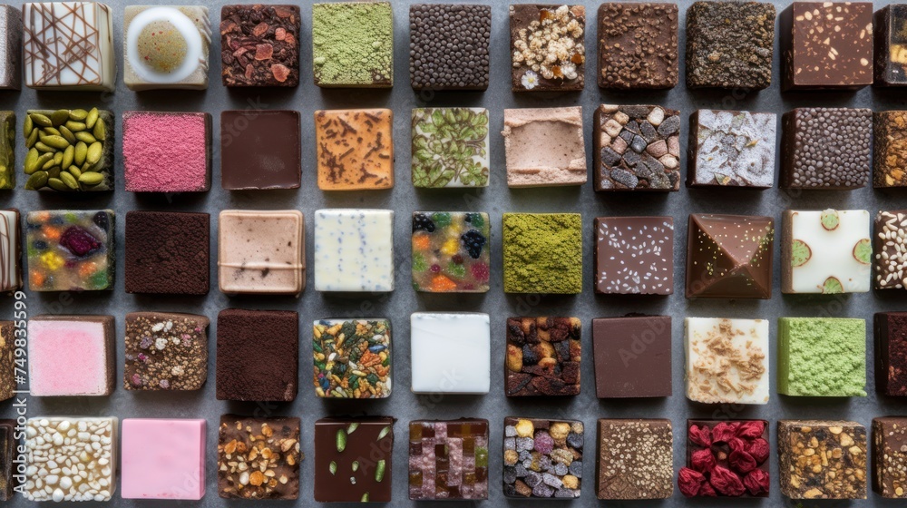 a bunch of different types of chocolates on a gray surface with different colors and sizes of chocolates on them.