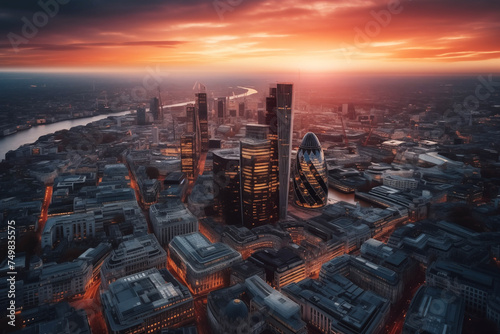 London City skyscrapers buildings, drone view. London streets, banking district. London skyscraper at sunset, aerial view. England, UK. Cityscape financial district. Willis Building, Tower Exchange. photo