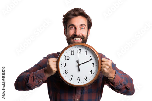 Man Holding Clock in Front of Face. A man is holding a clock in front of his face, his expression obscured by the timepieces hands. The clock is being held up to eye level, blocking the mans features. photo