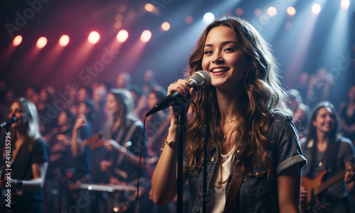 Young female singing into a microphone in a bar
