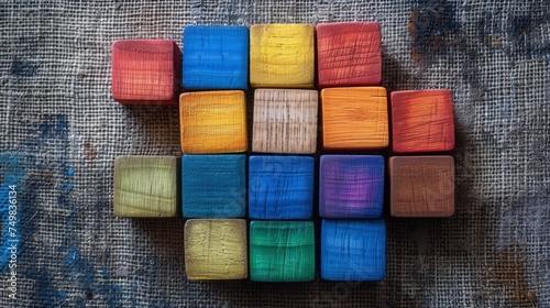 Colorful wooden blocks forming on a textured canvas, showcasing the value of variety in corporate culture. Multicolored wooden cubes forming artistic spaces