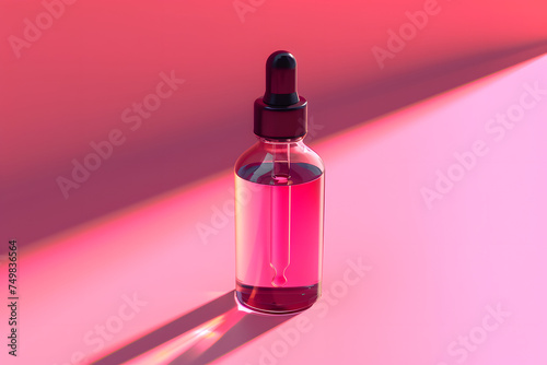 Pink serum bottle with dropper on vibrant pink background with light effects. Beauty product and skincare concept for design and print