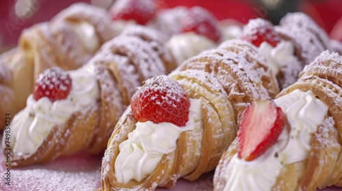 a close up of a plate of pastries covered in powdered sugar and topped with strawberries and whipped cream. photo