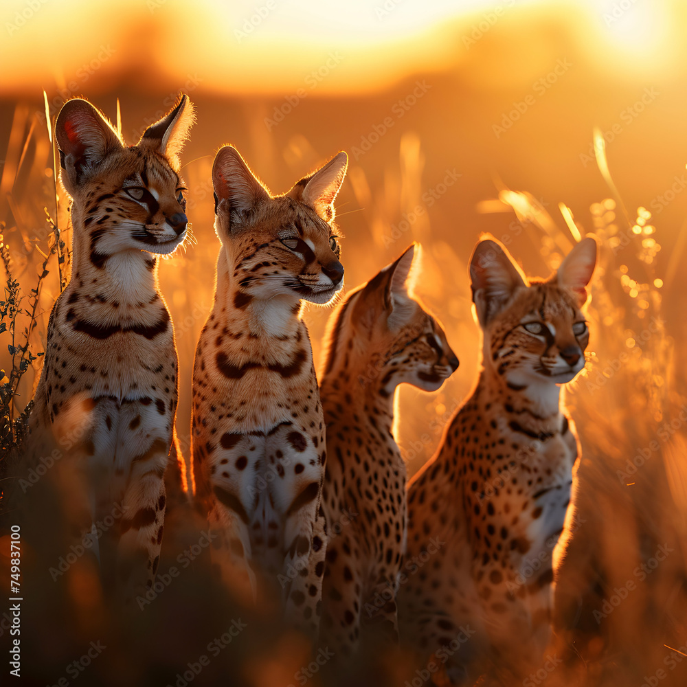 Serval family in the savanna with setting sun shining. Group of wild animals in nature.