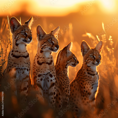 Serval family in the savanna with setting sun shining. Group of wild animals in nature. © linda_vostrovska