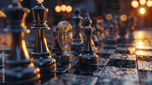 A physical Bitcoin coin strategically placed among chess pieces on a board, capturing the interplay between cryptocurrency and finance. photo