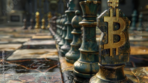 A Bitcoin-shaped chess piece on a classic chessboard, representing the strategic financial moves in cryptocurrency investments.