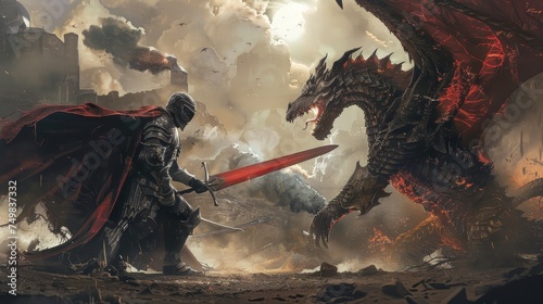 A valiant knight in a red cape stands ready to battle a fierce dragon amidst a backdrop of smoking ruins. photo