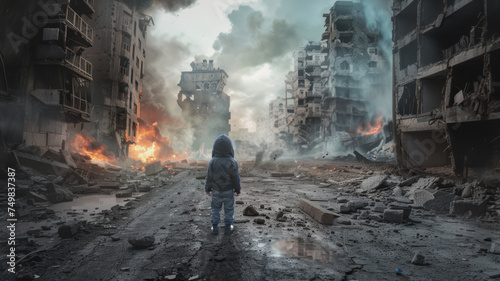 A solemn child gazes at the devastation of a war-torn cityscape.