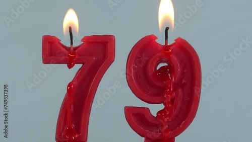 close up on timelapse melting a red number seventy seventh birthday candle on a white background.
 photo