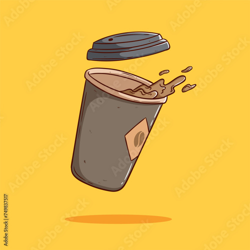 spilled coffee cup with doodle style on yellow background