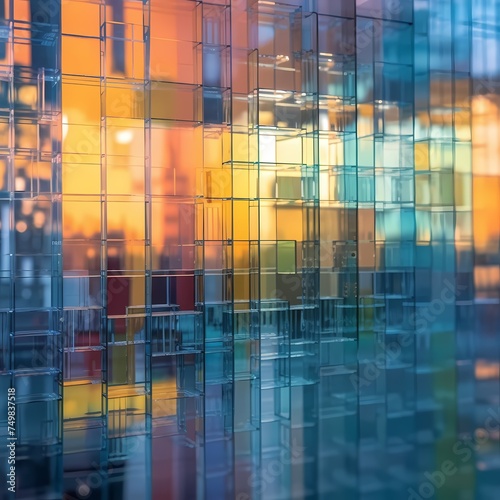 modern office building detail, glass roof photographed from below with blurry details and sunshine color effect