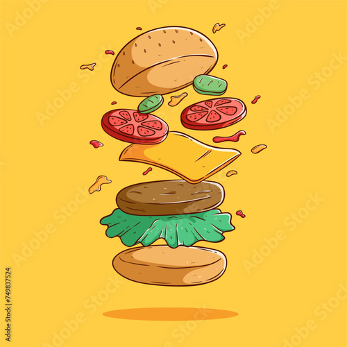 cute floating burger with doodle style on yellow background