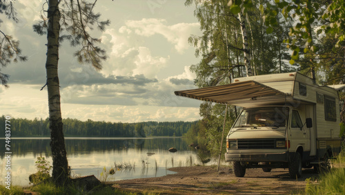 Tranquil lakeside moment as a camper van rests by the calm water amidst birch trees in the wild. photo