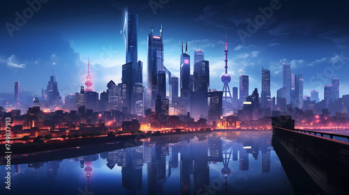 Professional photography of city with bright lights at night © xuan