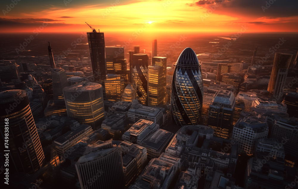 London City skyscrapers buildings, drone view. London streets, banking district. London skyscraper at sunset, aerial view. England, UK. Cityscape financial district. Willis Building, Tower Exchange. - obrazy, fototapety, plakaty 