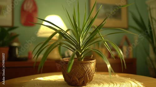 a potted plant sits on a table in a room with green walls and a lamp on the side of the table.