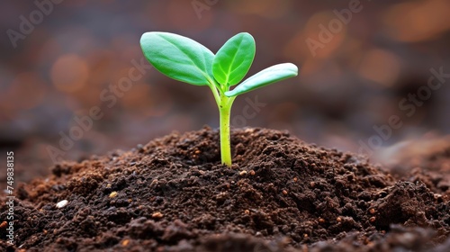a small green plant sprouting out of the ground with dirt and dirt on the ground in front of a blurry background.