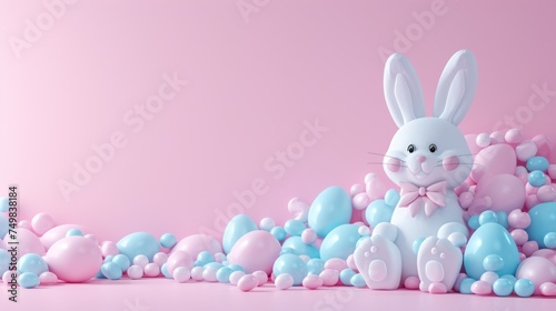 a white rabbit sitting in a pile of blue and pink balloons on a pink background with a pink wall in the background.