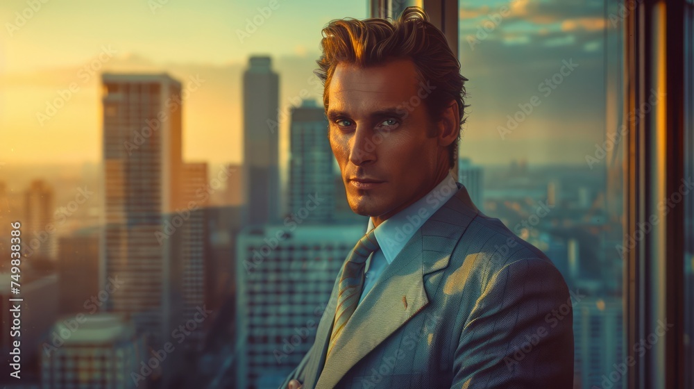 Handsome Businessman Gazing Through Window at Sunset in Urban Skyline Backdrop