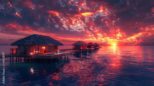 Thatched overwater villas glowing warmly as the sun sets in a dramatic, fiery sky over a tranquil sea.