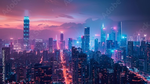 A mesmerizing urban skyline bathed in the twilight glow  with futuristic skyscrapers illuminated by neon lights.