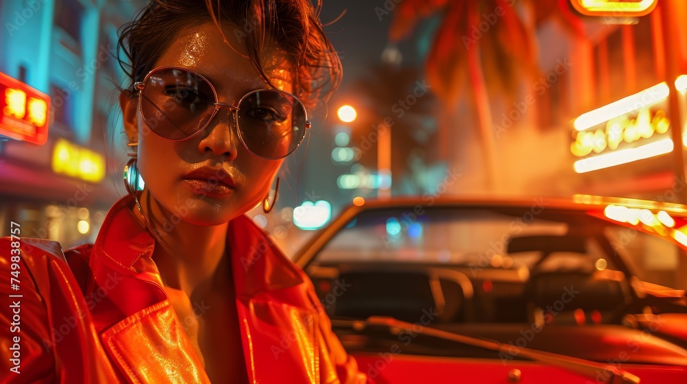 Fashionable Young Woman Posing at Night in Urban Neon Lights with Classic Car
