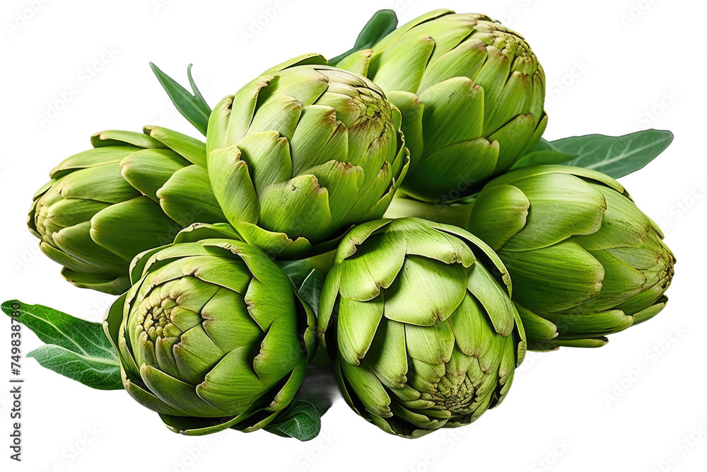 A Bunch of Green Artichokes. Several green artichokes with leaves are displayed on a clean white background. The artichokes are fresh and vibrant, showcasing their unique shape and texture. A Bunch of Green Artichokes. Several green artichokes with leaves are displayed on a clean white background. The artichokes are fresh and vibrant, showcasing their unique shape and texture.