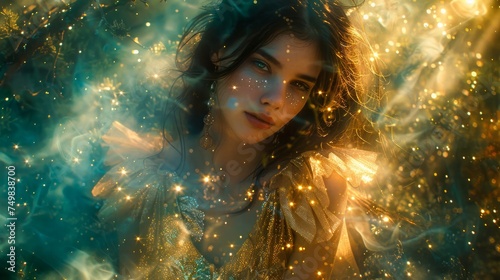 Enchanted Young Woman in a Mystical Forest with Ethereal Glow, Surrounded by Glistening Lights and Magical Atmosphere