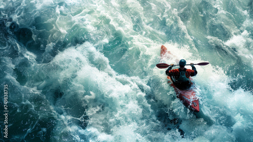 Kayaker battling fierce rapids in churning waters.