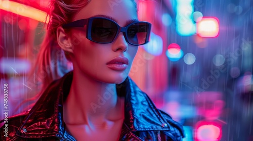 Fashionable Young Woman in Sunglasses Posing in Neon Lit Urban Night Scene