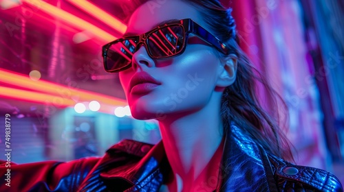 Stylish Young Woman in Sunglasses Posing in Vibrant Neon City Lights at Night, Fashionable Urban Life Concept with Trendy Female Model