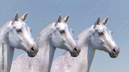 a group of three white horses standing next to each other on top of a grass covered field in front of a blue sky.