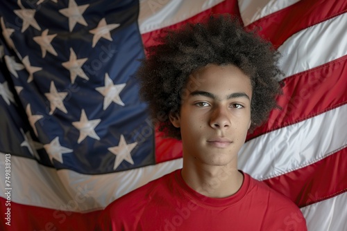 young man with an afro hairstyle and the US flag