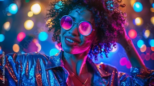Vibrant Party Atmosphere with Joyful Woman Wearing Shiny Jacket and Pink Sunglasses with Colorful Background Lights