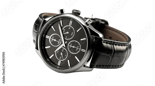 Stylish Watch With Black Leather Strap. A sleek modern watch featuring a black leather strap is displayed against a clean white background. on White or PNG Transparent Background.